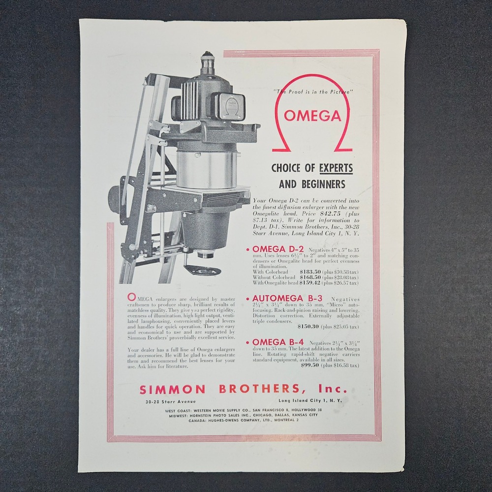1951 Simmon Brothers Inc Omega Enlarger/Camera Vintage‎ Print Ad Photography